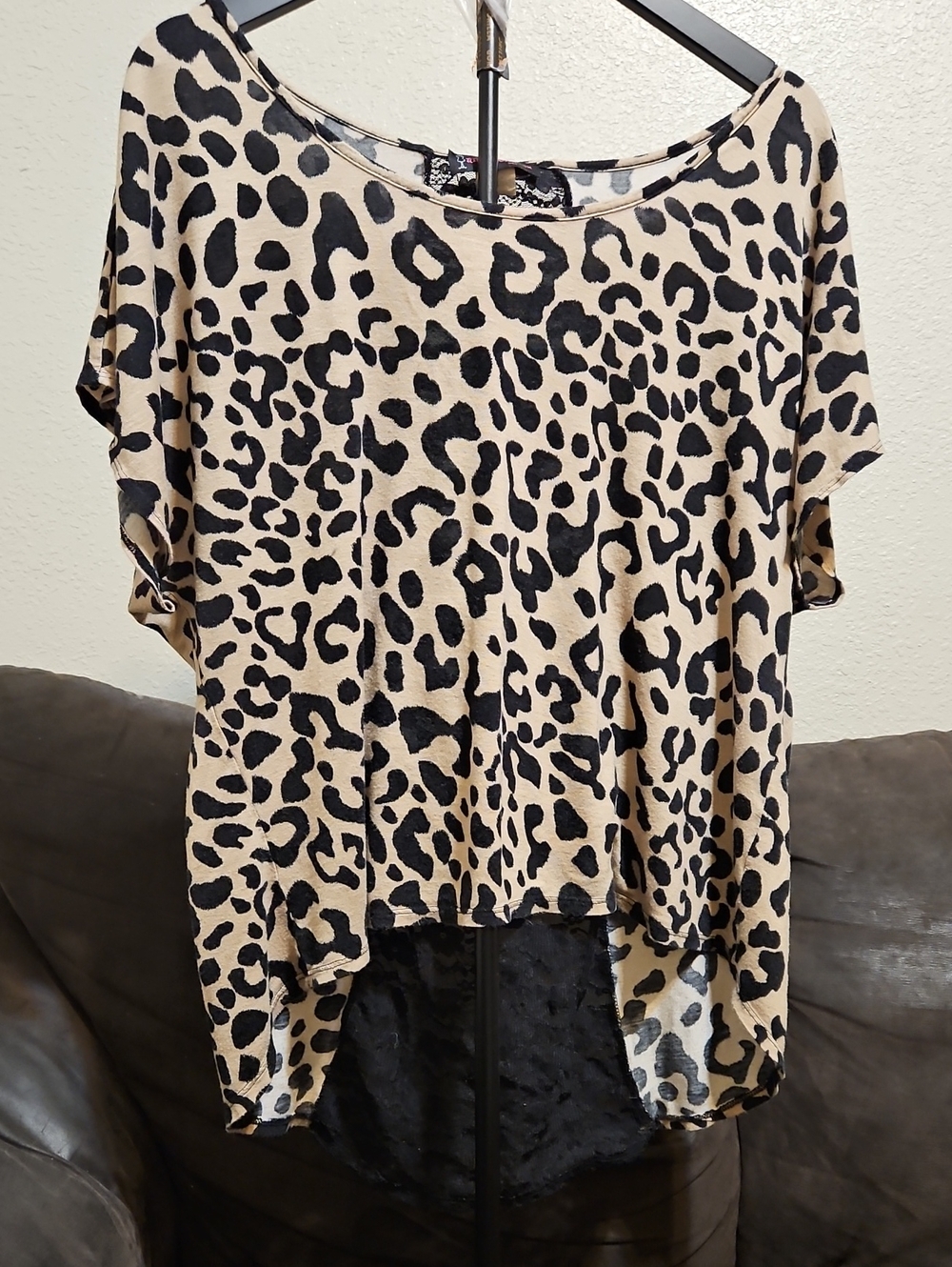 Annabelle Beige and Black Leopard Print High Low Short Sleeve Tunic